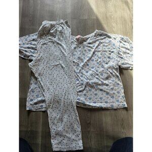 VTG Body Image Plus 2X Floral Pajama Set White & Blue 100% Cotton Made In Turkey